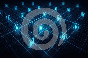 Secure blockchain grid with digital locks symbolizing advanced data encryption and privacy
