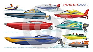 Power boat vector speedboat sailboat transport in sea ocean illustration set of nautical motorized yacht motorboat