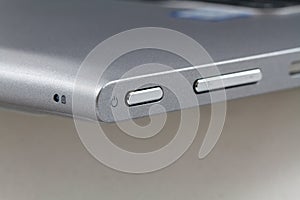 Power button on laptop computer, Closeup