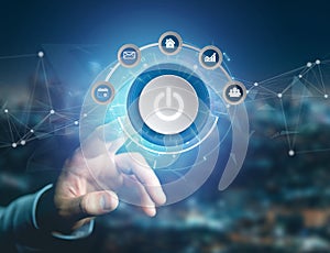 Power button symbol with computer app displayed on a futuristic