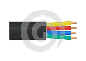 Power cable, electric copper wire, optic fiber network cable. Wire line for electronics and connection. Vector flat