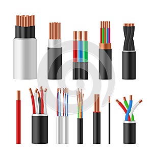 Power cables various types with electrical wire conductors held together with overall sheath photo