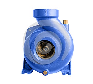 Power centrifugal water pump with electric motor on a white.