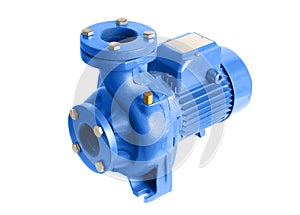 Power centrifugal water pump with electric motor on a white.