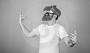 Power concept. Hipster on shouting face raising hands powerfully while interact in virtual reality. Guy with head