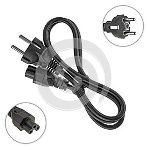 Power cord with plug and plug, three pins, for a laptop adapter, on a white background