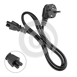 Power cord with plug and plug, three pins, for a laptop adapter, on a white background