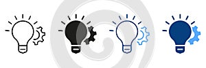 Power of Creativity Solution Line and Silhouette Icon Set. Lightbulb and Gear Idea Concept Symbol Collection. Technology