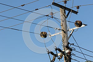 Power distribution. Electricity wires on a telegraph pole utility post.