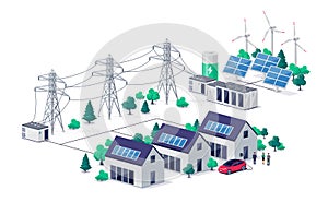 Power distribution transmission of renewable solar electricity energy grid with family houses