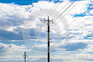 Power electric pole with line wire on colored background close up