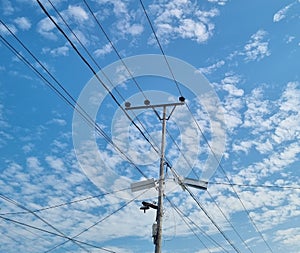 Power electric pole with line wire under blue sky. line wire in power electric pole for residential buildings.