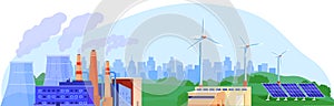 Power energy generator vector illustration, cartoon flat landscape with nuclear reactor station, wind turbine, solar