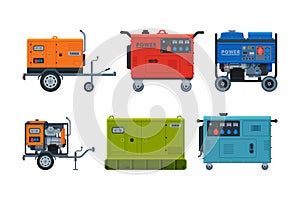 Power and Energy Generators as Portable Electrical Equipment Vector Set