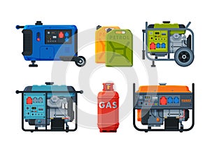 Power and Energy Generators as Portable Electrical Equipment Vector Set
