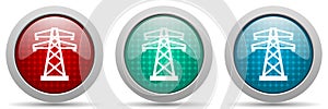 Power, energy tower vector icon set, glossy web buttons collection