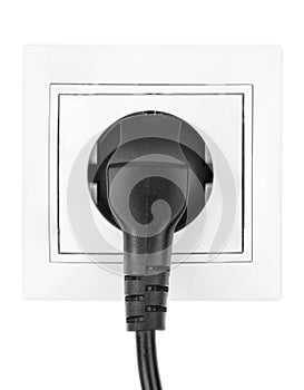 Power European electric plug isolated on a white. black electric cord plugged into a white electricity socket on white background