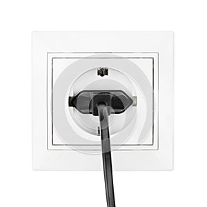 Power European electric plug isolated on a white. black electric cord plugged into a white electricity socket on white background