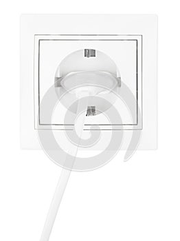 Power European electric plug isolated on a white.  electric cord plugged into a white electricity socket on white background