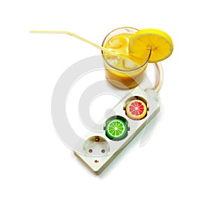 Power extension cord and glass of juice. Energy dr