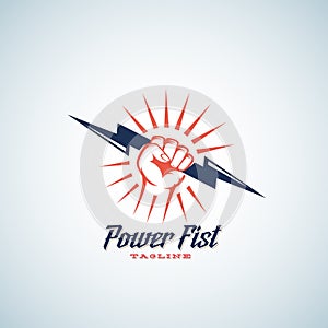 Power Fist Abstract Vector Emblem, Symbol or Logo Template. Hand Holding Lightning Bolt Silhouette with Retro Typography