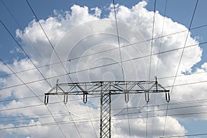Power generation, transmission and distribution concept. Close-up of a electricity supply pylon and the high voltage power lines