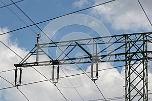 Power generation, transmission and distribution concept. Close-up of a electricity supply pylon and the high voltage power lines