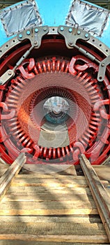 power generator of industrial steam turbine in reparation process at thermal electric power plant