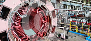 power generator of industrial steam turbine in reparation process at thermal electric power plant