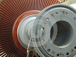 Power generator steam turbine in repair process, machinery, pipes, tubes at power plant