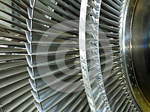 Power generator steam turbine in repair process, machinery, pipes, tubes at power plant