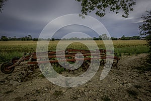 Power harrows in front of a crop of wheat.