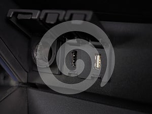 Power and HDMI and USB socket interioir the car shiny
