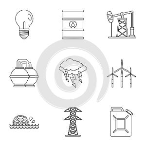 Power industry icon set, outline style