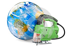 Power jigsaw with Earth Globe, 3D rendering