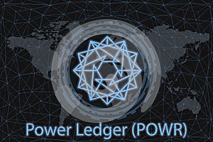 Power Ledger POWR Abstract Cryptocurrency. With a dark background and a world map. Graphic concept for your design