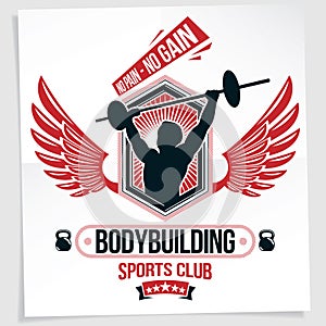 Power lifting competition poster created with vector illustration of muscular bodybuilder holding barbell sport equipment. No