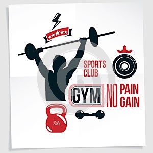 Power lifting competition poster created with vector illustration of muscular bodybuilder holding barbell sport equipment. No pain