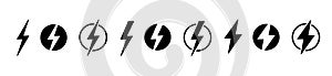 Power lightning charging logo icons. Vector black thunderbolt electricity and energy power symbols isolated on transparent