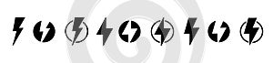 Power lightning or energy charging vector icons. Thunderbolt symbols for energy power charge