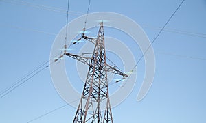 Power line at the blue sky. High voltage towers