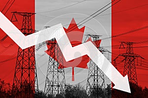 Power line and flag of Canada. Energy crisis. Concept of global energy crisis. Decreased electricity generation. Graph arrow is