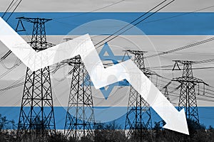 Power line and flag of Israel. Energy crisis. Concept of global energy crisis. Decreased electricity generation. Graph arrow is