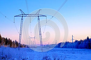 Power line in the forest in winter