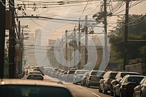 power line hanging dangerously low above busy highway, with traffic inching by