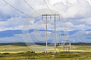 Power line in a heath landscape and mountains