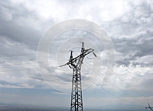 Power line. High-voltage power transmission tower with wires. High voltage line. Energy industry. Energy transfer. Energy industry