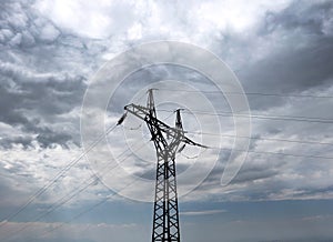 Power line. High-voltage power transmission tower with wires. High voltage line. Energy industry. Energy transfer. Energy industry