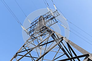 Power line. High-voltage power transmission tower with wires. High voltage line. Energy industry. Energy transfer over blue sky.