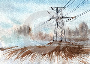 Power line landscape. Long wires disappear in fog